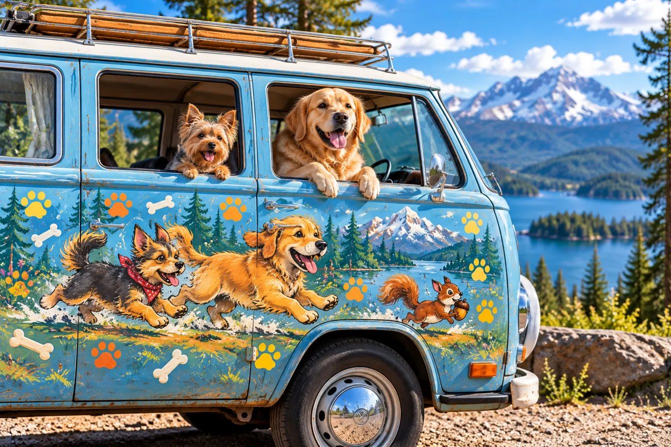 A hand-painted Woof Wagon van with a Yorkie and a Golden Retriever leaning out the windows, tails wagging, mountains and a lake in the background